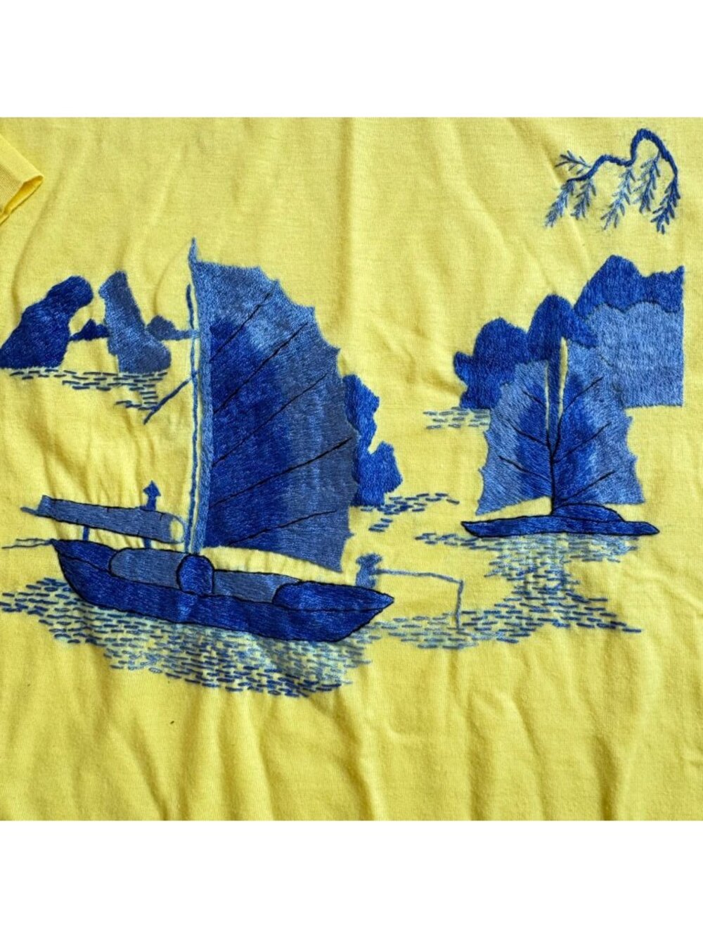 Vintage Embroidered Asian Motif Village Fishing Scene Tees Yellow & White